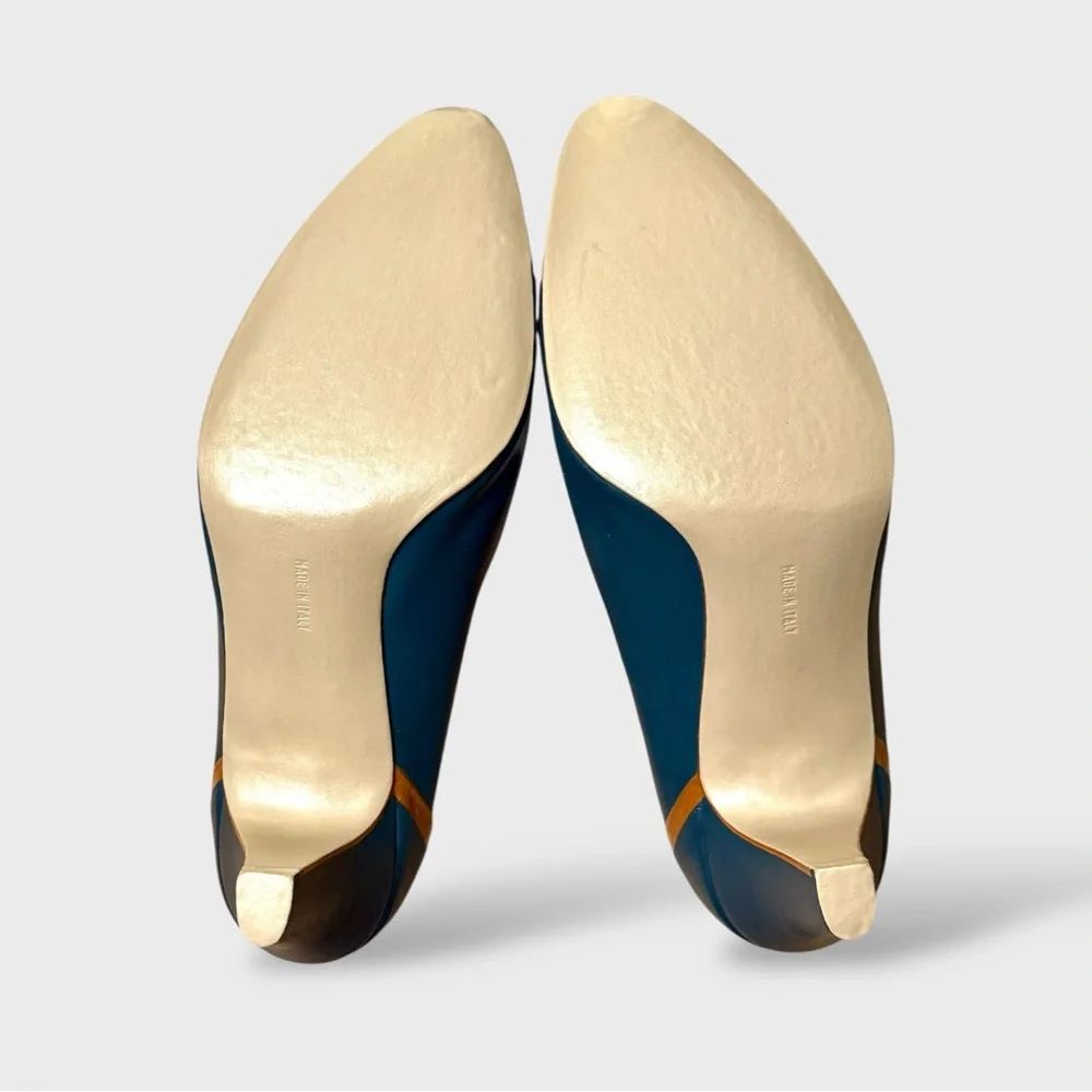 Ferragamo Women’s Teal Green Brown Trim Gold Sole Classic Heels Sz 7.5D - Picture 9 of 14